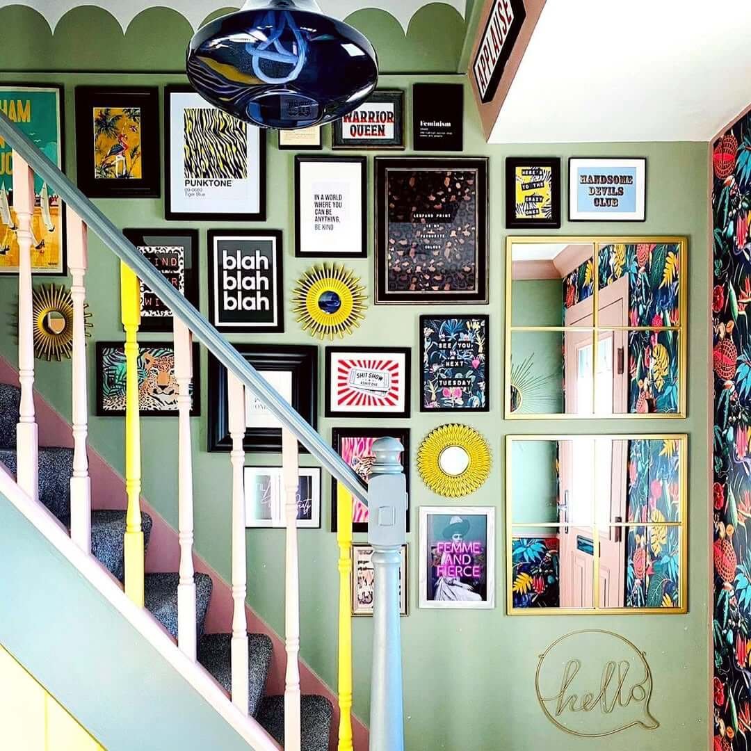 Bold, Eclectic Staircase Gallery for Hallway Gallery Wall