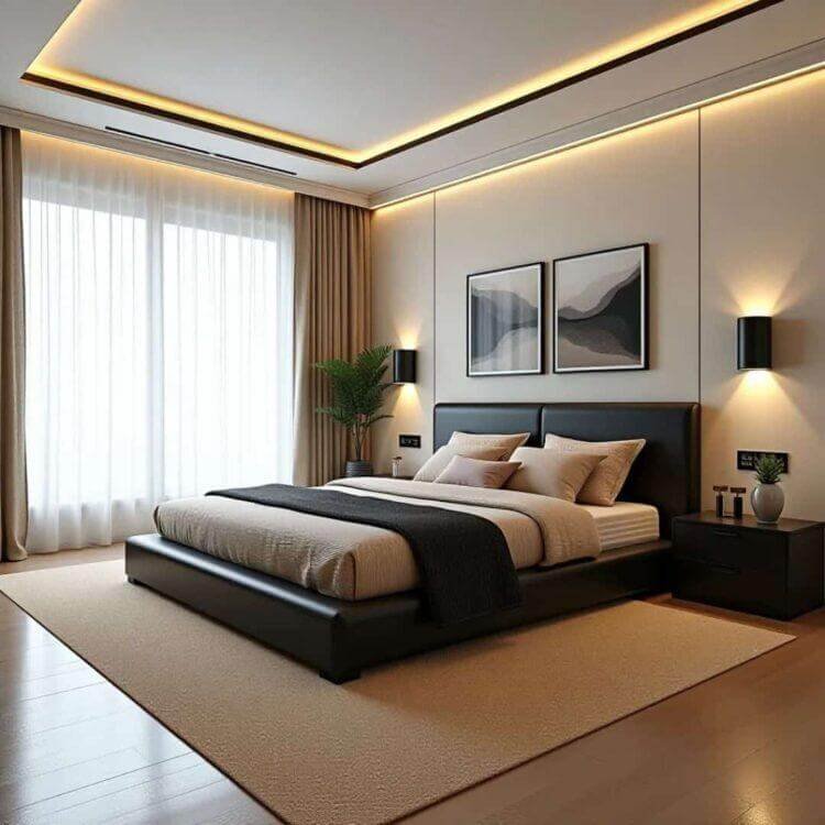 Sleek Symmetry in Beige and Black Bedroom Ideas