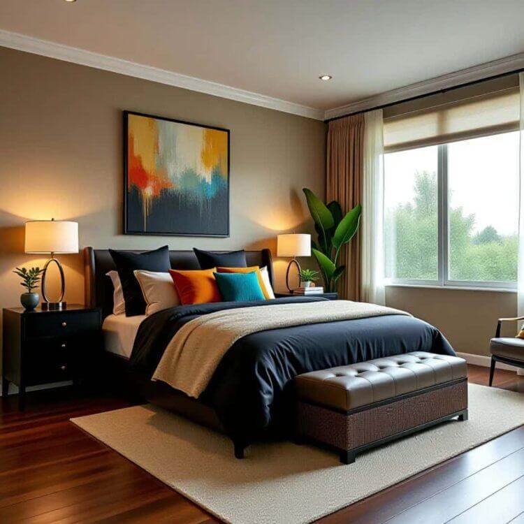 Color-Pop Accent in Beige and Black Bedroom Ideas