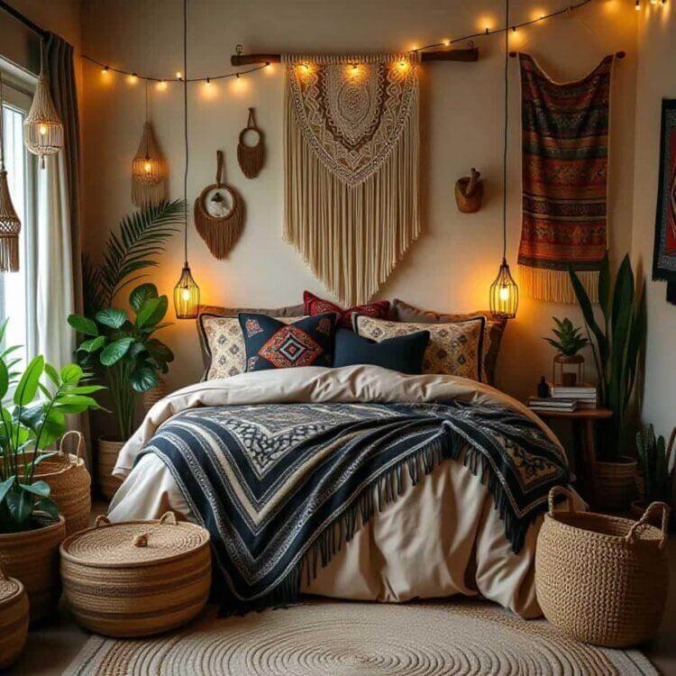 Boho Beige and Black Bedroom Ideas