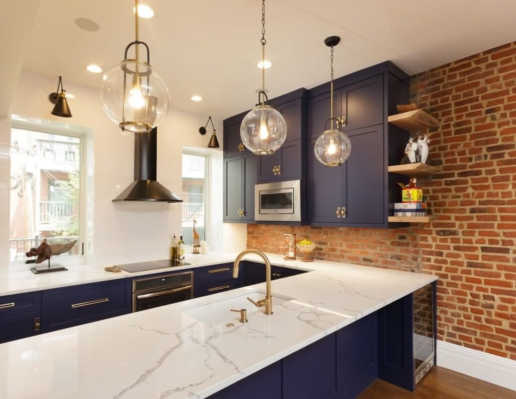 15. Industrial-Chic Meets Warm Brick and Bold Blue