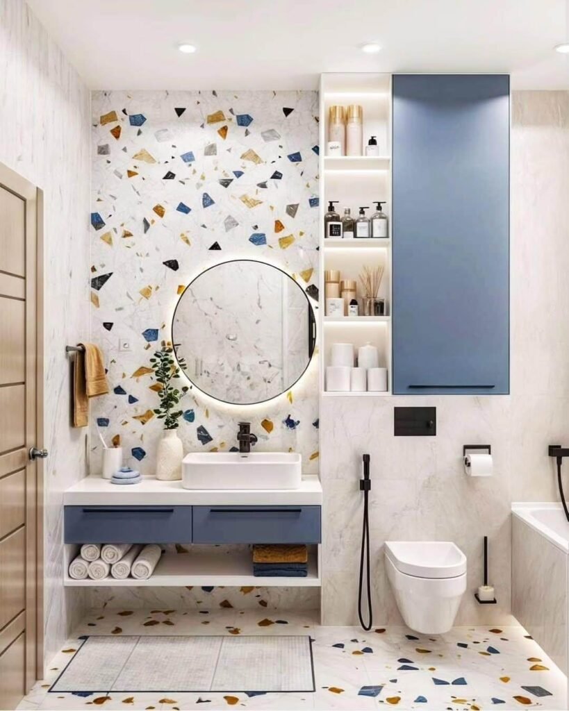 15. Go Bold with Terrazzo and Floating Fixtures