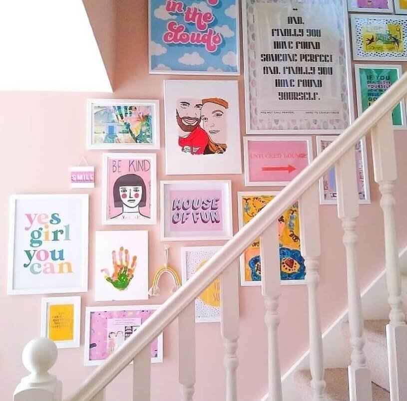 Fun and Whimsical Colorful Art Display in Hallway Gallery Wall