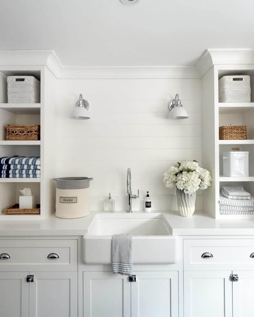Soft Farmhouse touch Open Shelving Laundry Room Ideas