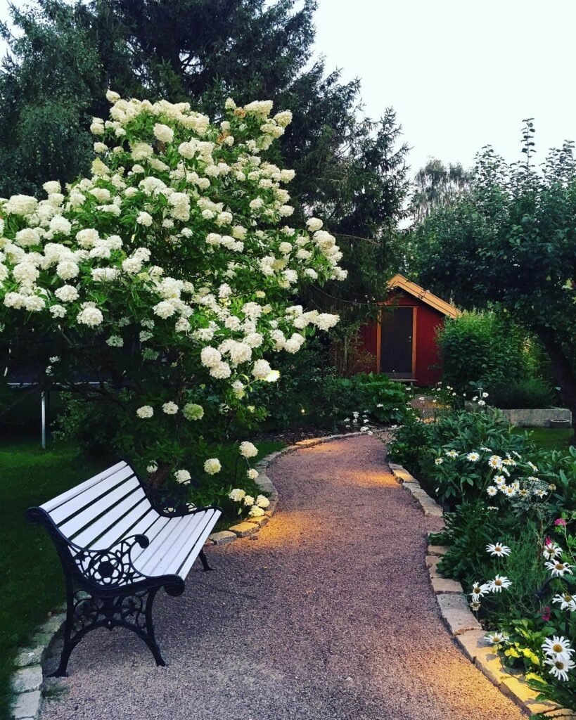 17. Peaceful Gravel Path with Soft Lighting and Seating