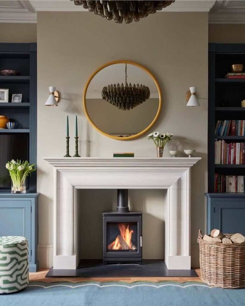 18. Round Mirror Above Fireplace for Balanced Symmetry