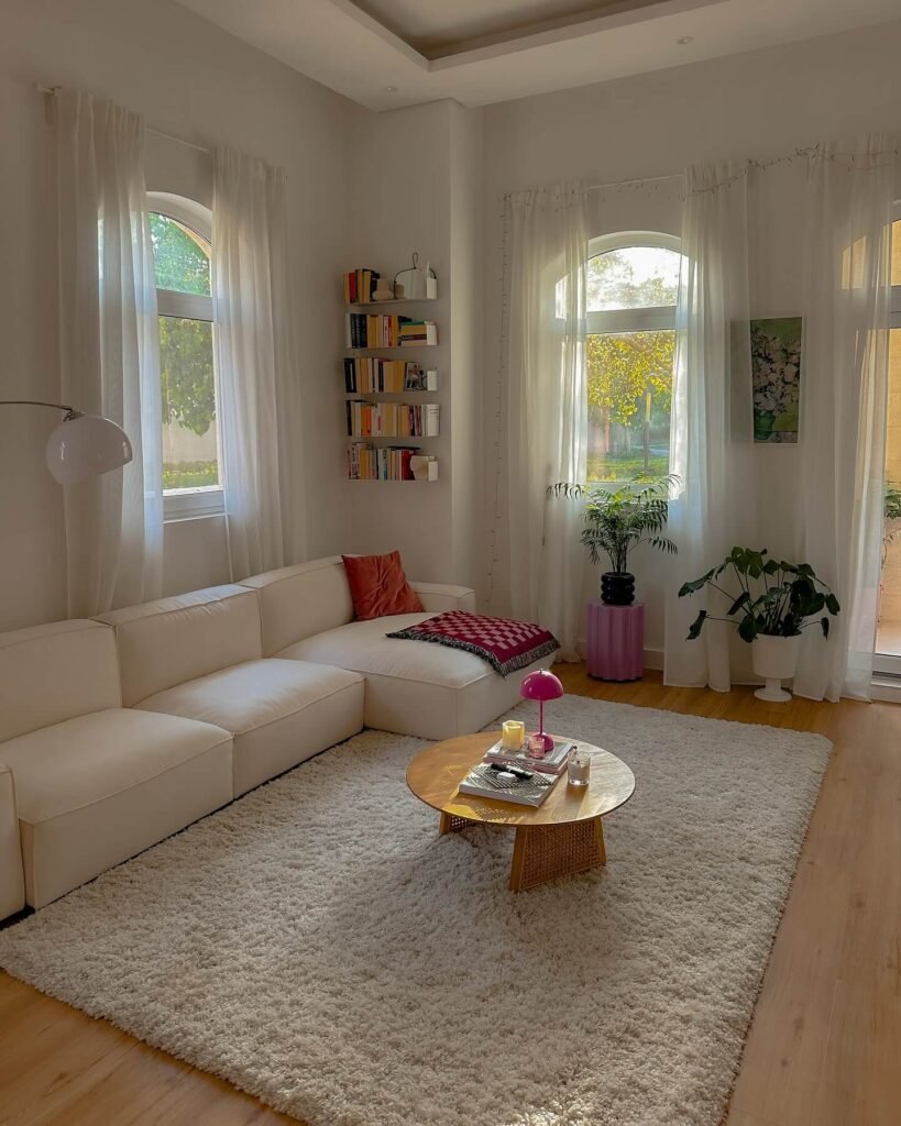 19. Shag Rug Comfort with Retro Pop Accents