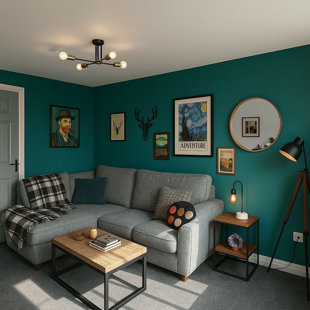 2. Bold and Cozy with Teal Walls