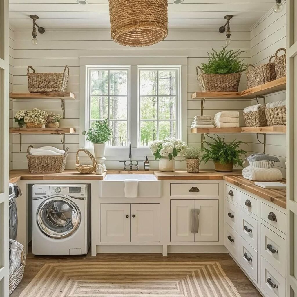 White Open Shelving Laundry Room Ideas