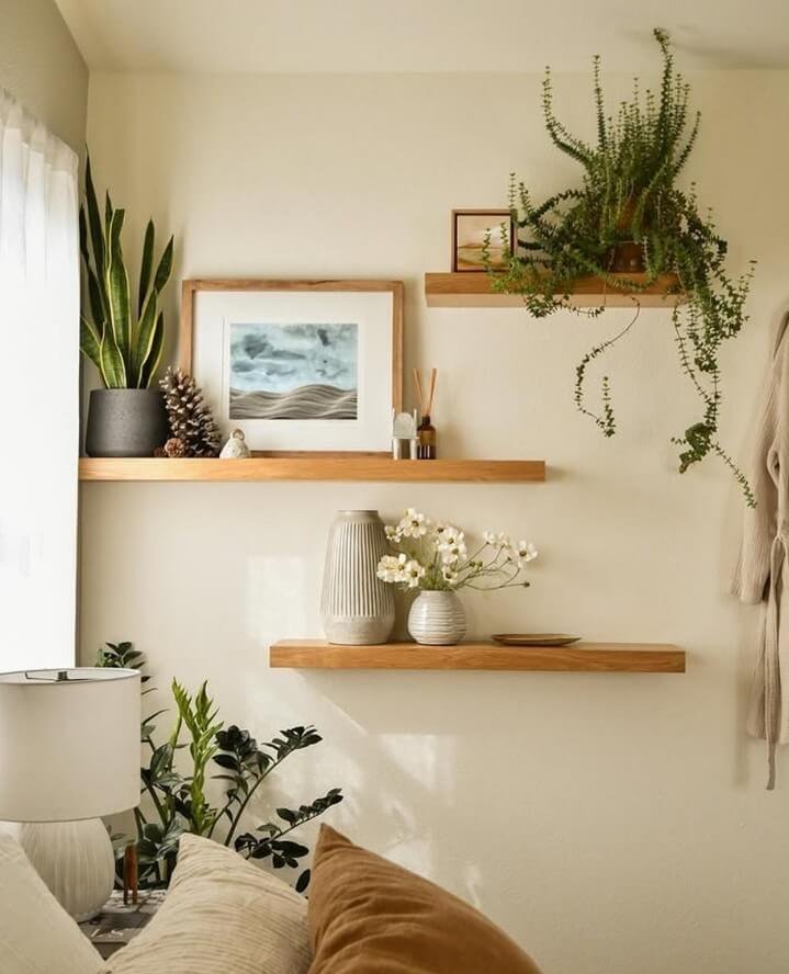 Warm Minimalism Gallery Wall Ideas with Shelves