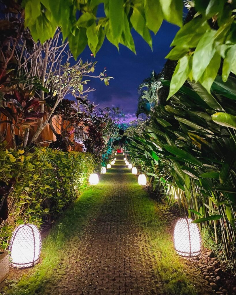 20. Tropical Lantern Lit Pathway for Nighttime Ambience