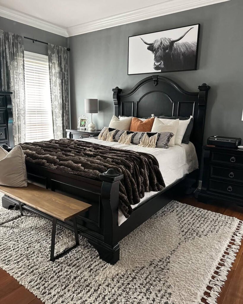 Refined Rustic with Statement Furniture in Beige and Black Bedroom Ideas