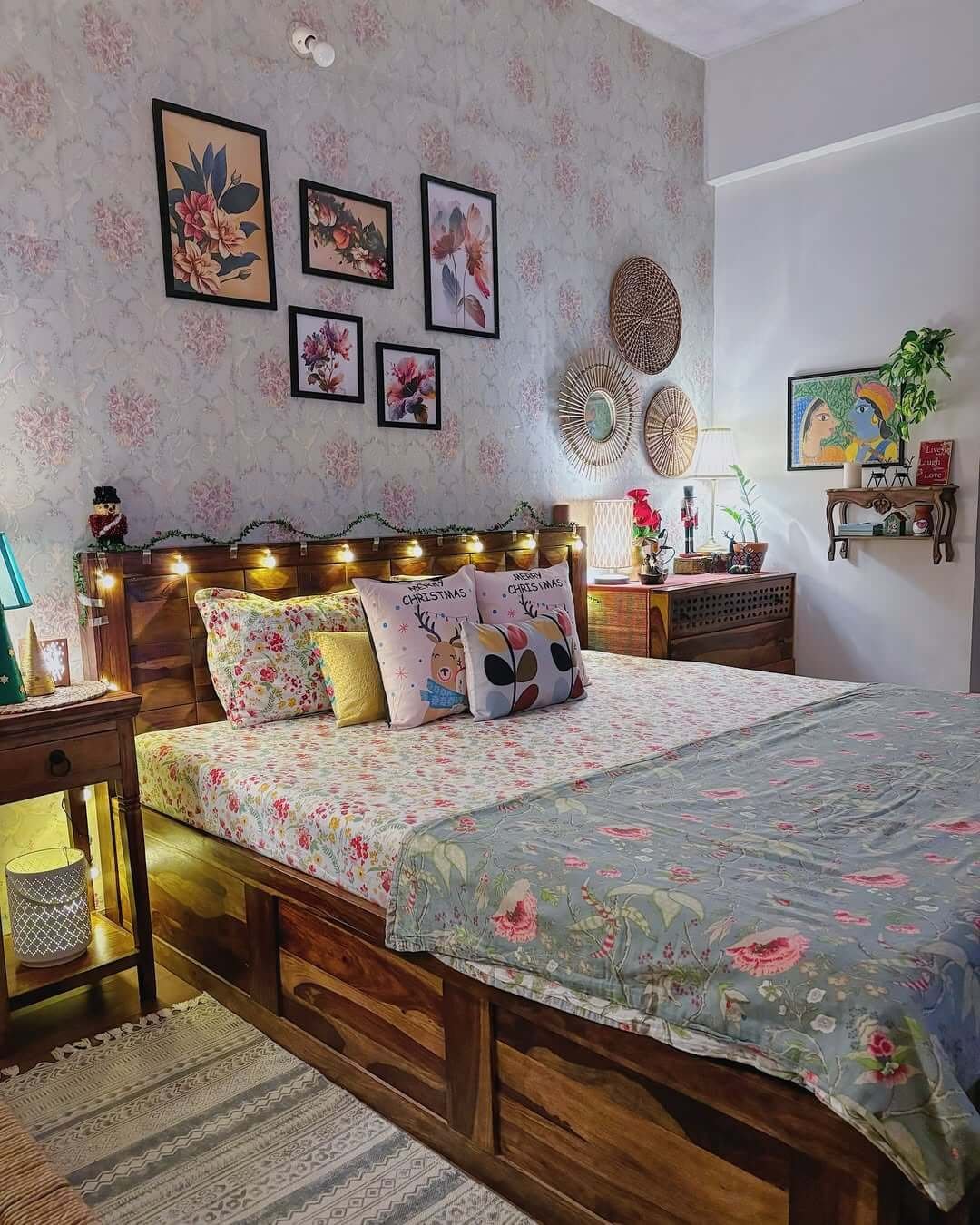 Floral Maximalism Meets Cozy Festivity Bedroom Gallery Wall