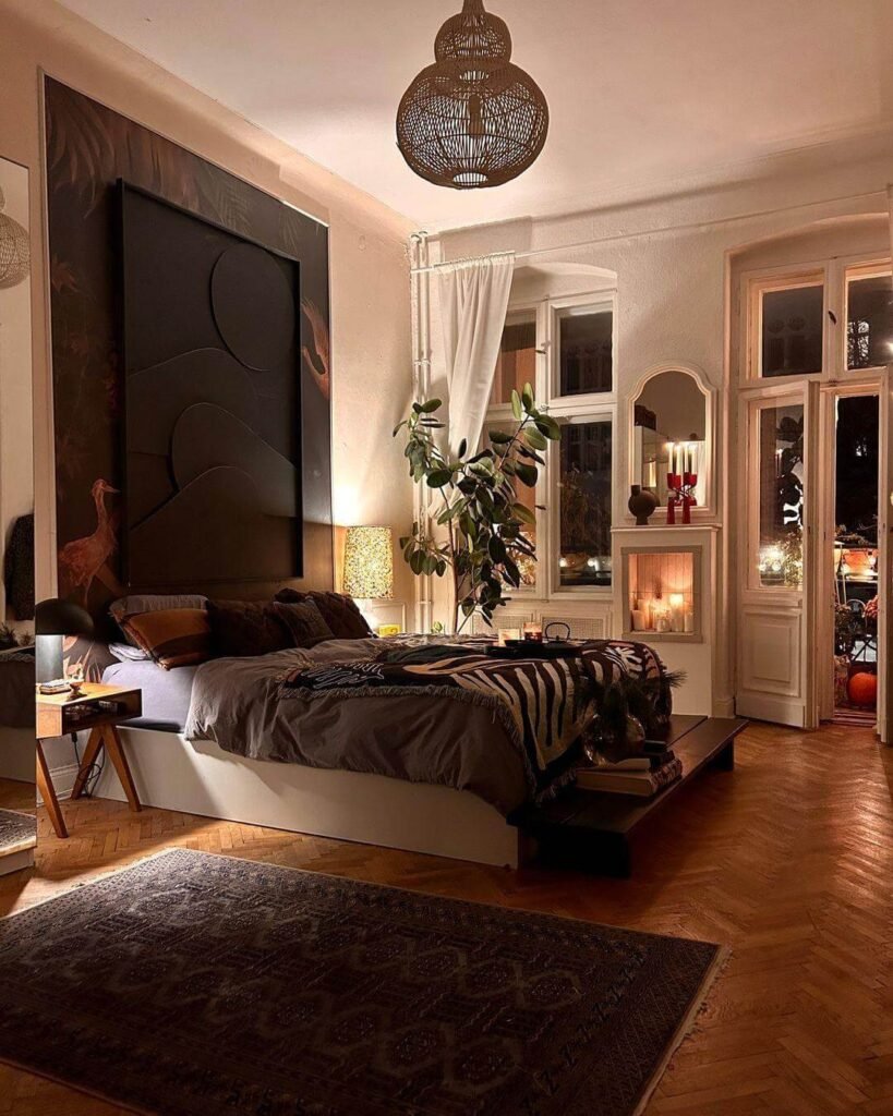 Warm Eclectic with Ambient Layers for Beige and Black Bedroom Ideas