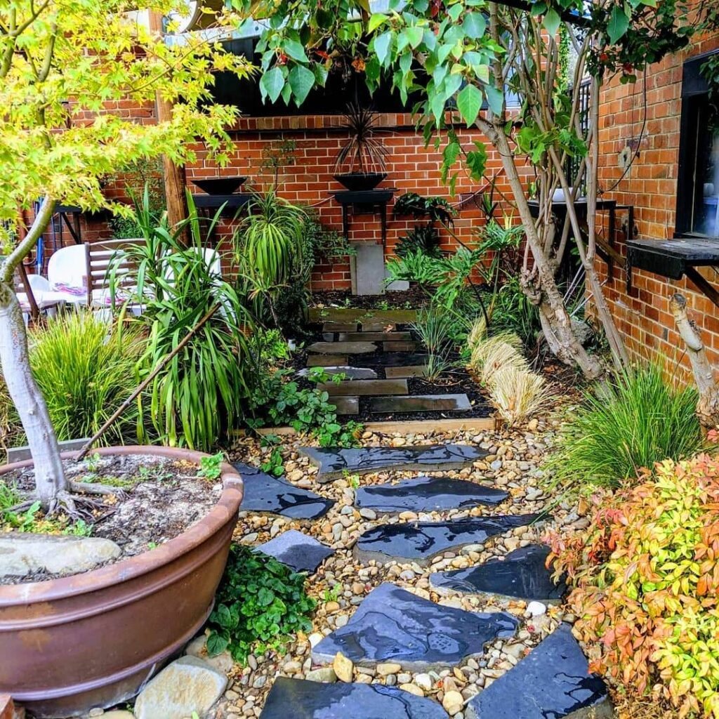 23. Black Slate and Gravel Pathway for Small Urban Gardens