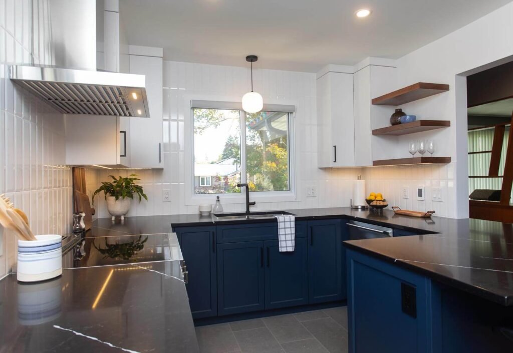 26. Bold Contrast with Walnut and Navy Blue