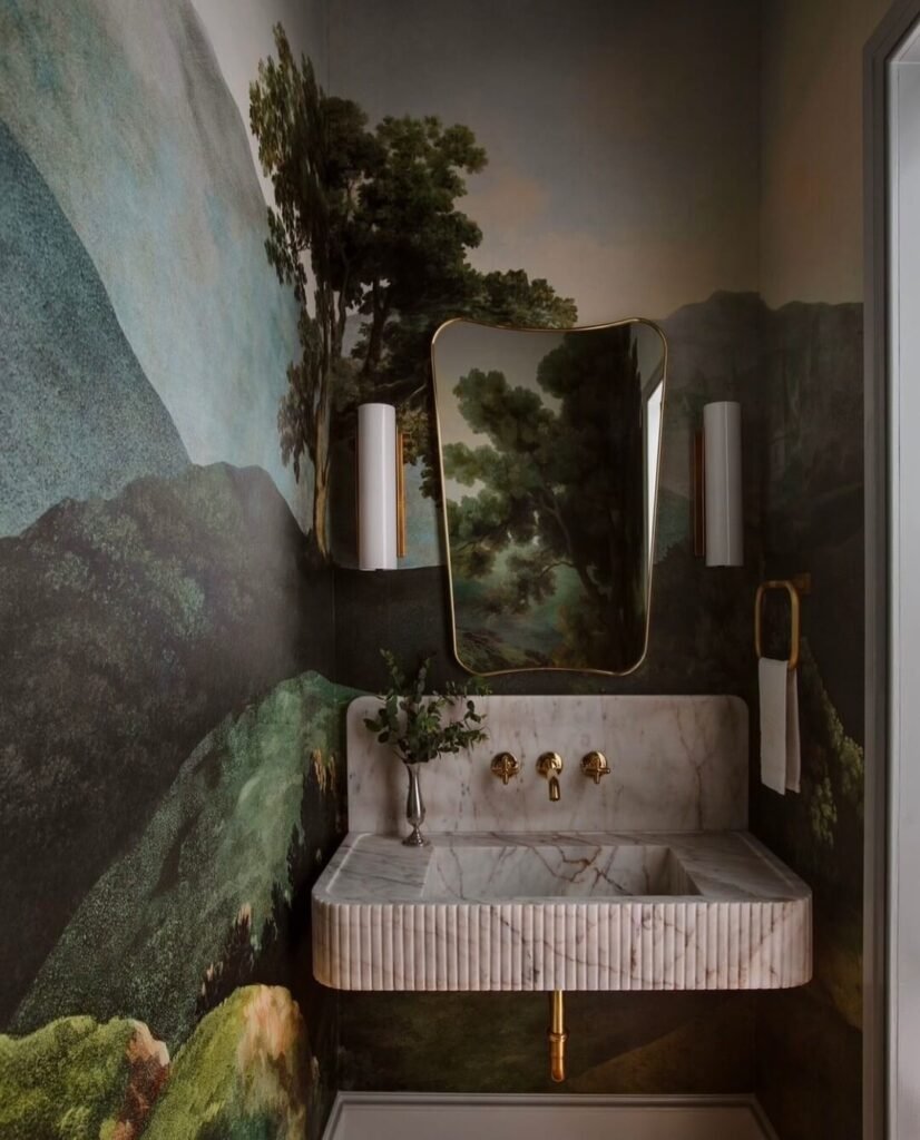 26. Make a Statement with Artistic Wallpaper and Sculptural Fixtures