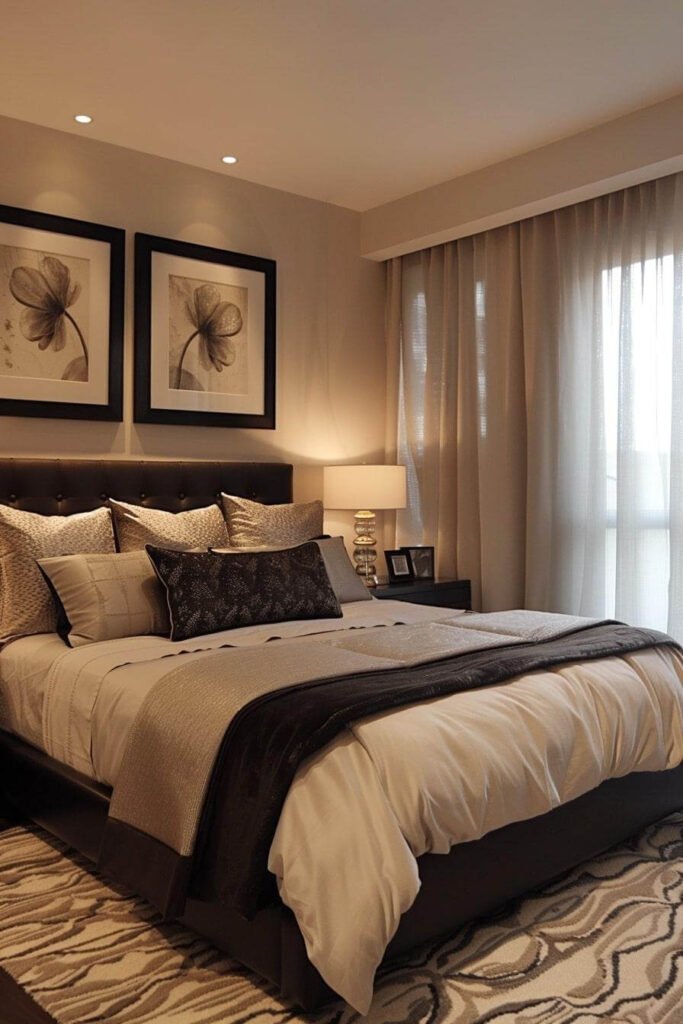 Elegant Comfort with Layered Tones in Beige and Black Bedroom Ideas