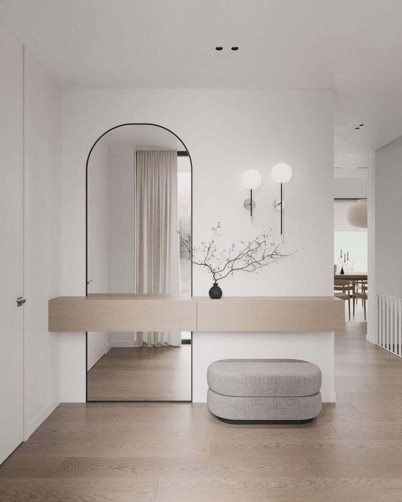 3. Minimalist Arch Mirror with Floating Console