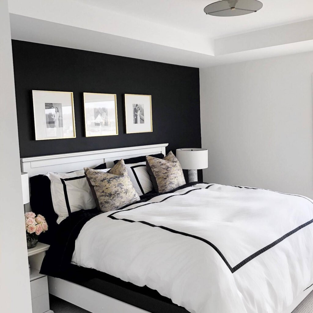 4. Black Accent Wall Framing a Classic Headboard