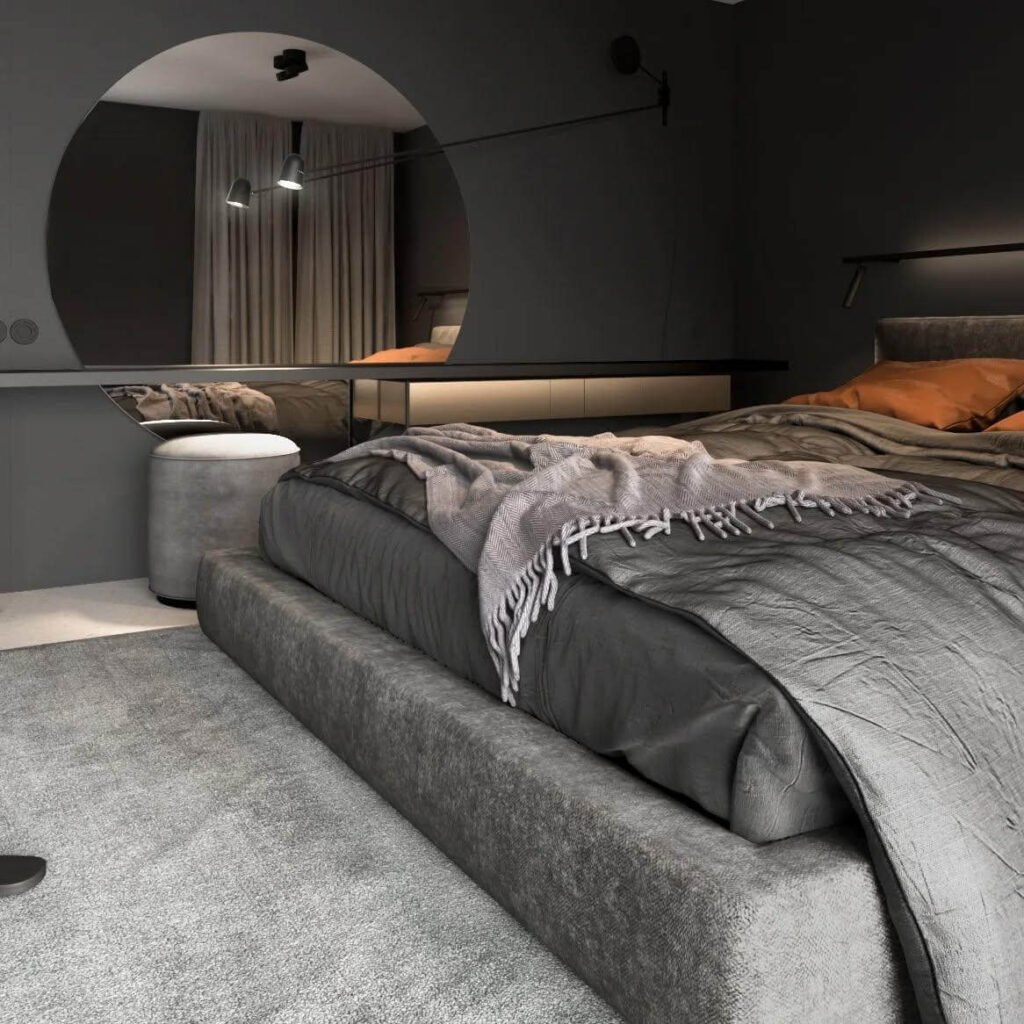 6. Velvety Grays and Mirror Accents for Luxe Comfort