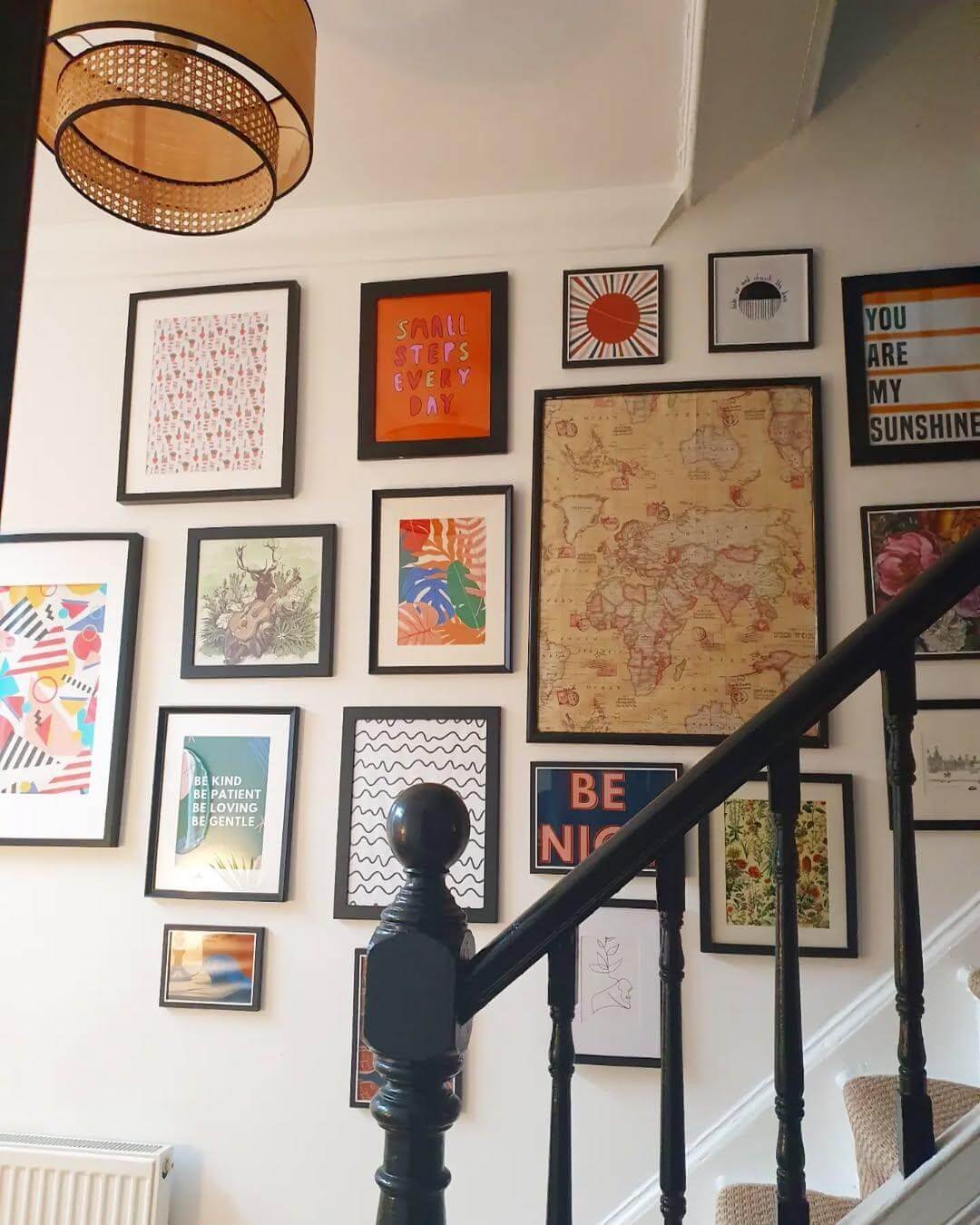 Eclectic Mix of Prints and Textures in Hallway Gallery Wall