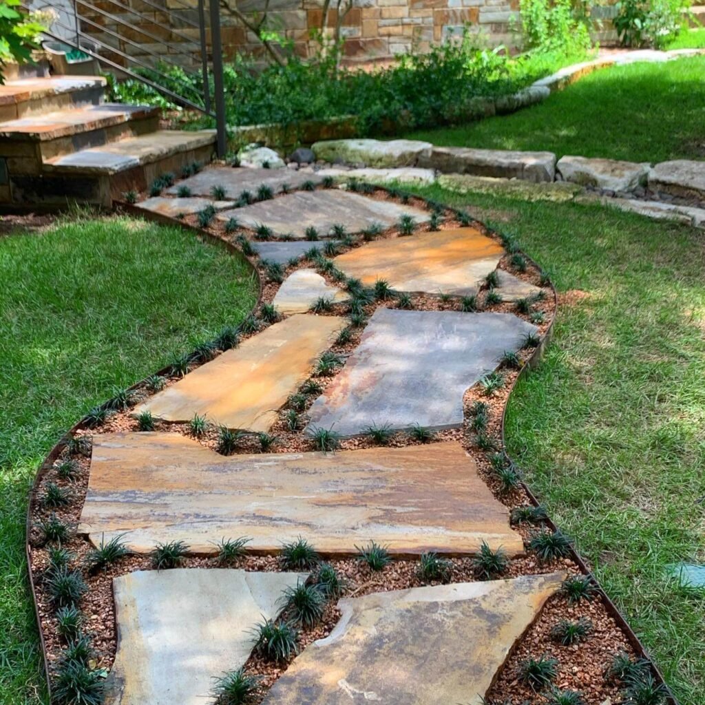 8. Earth Toned Curved Flagstone Path with Groundcover Accents