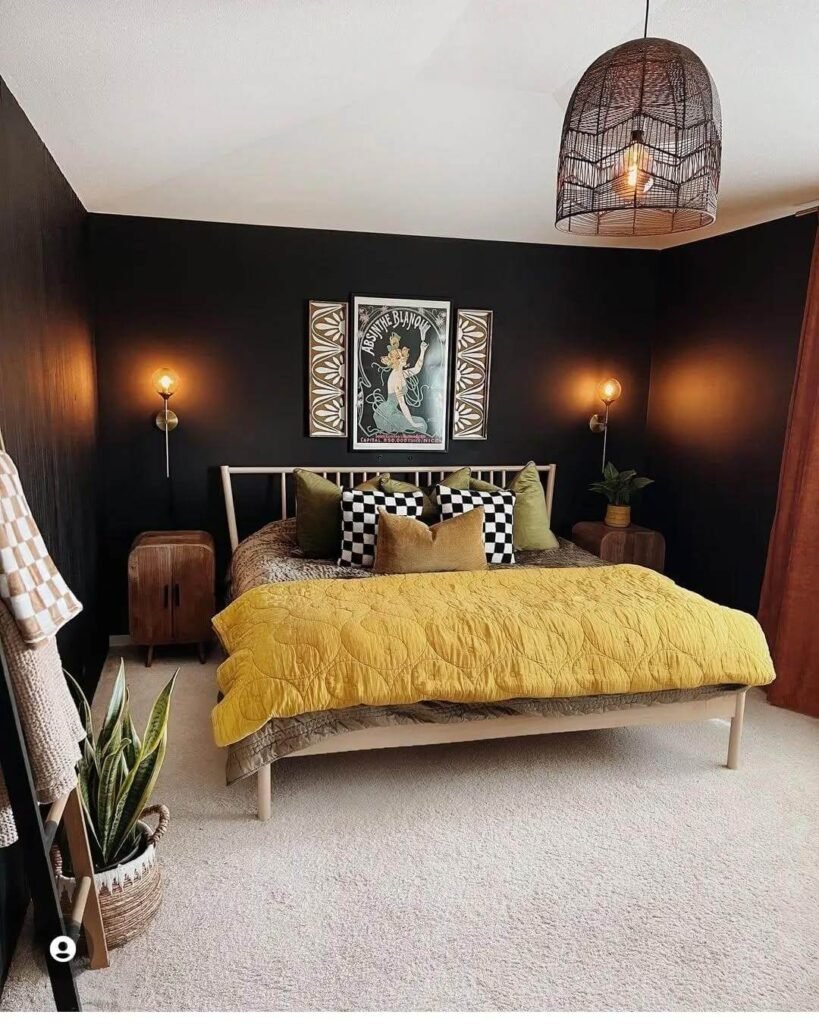 9. Boho Chic Meets Bold Black Walls