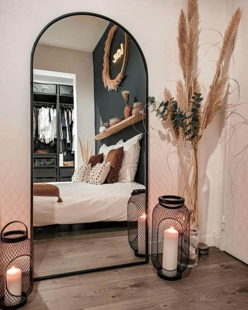 9. Boho Floor Mirror with Cozy Lighting Accents