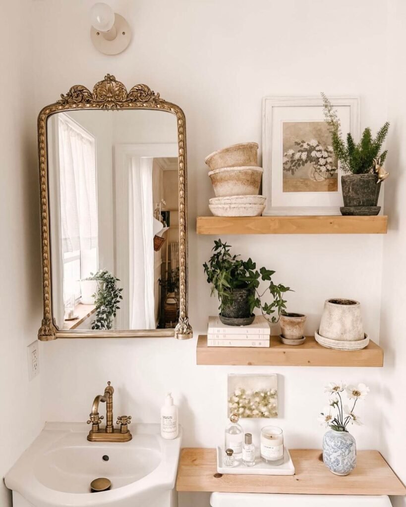 9. Go Vintage Chic with Gold Accents and Open Shelving