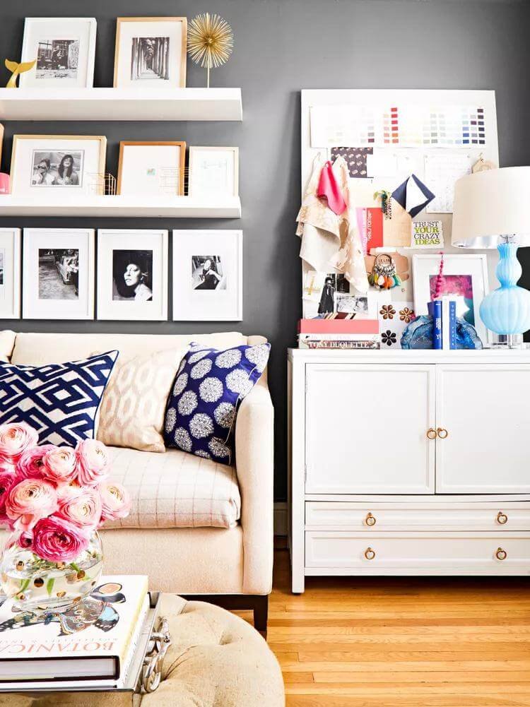 High-Contrast Elements Gallery Wall Ideas with Shelves