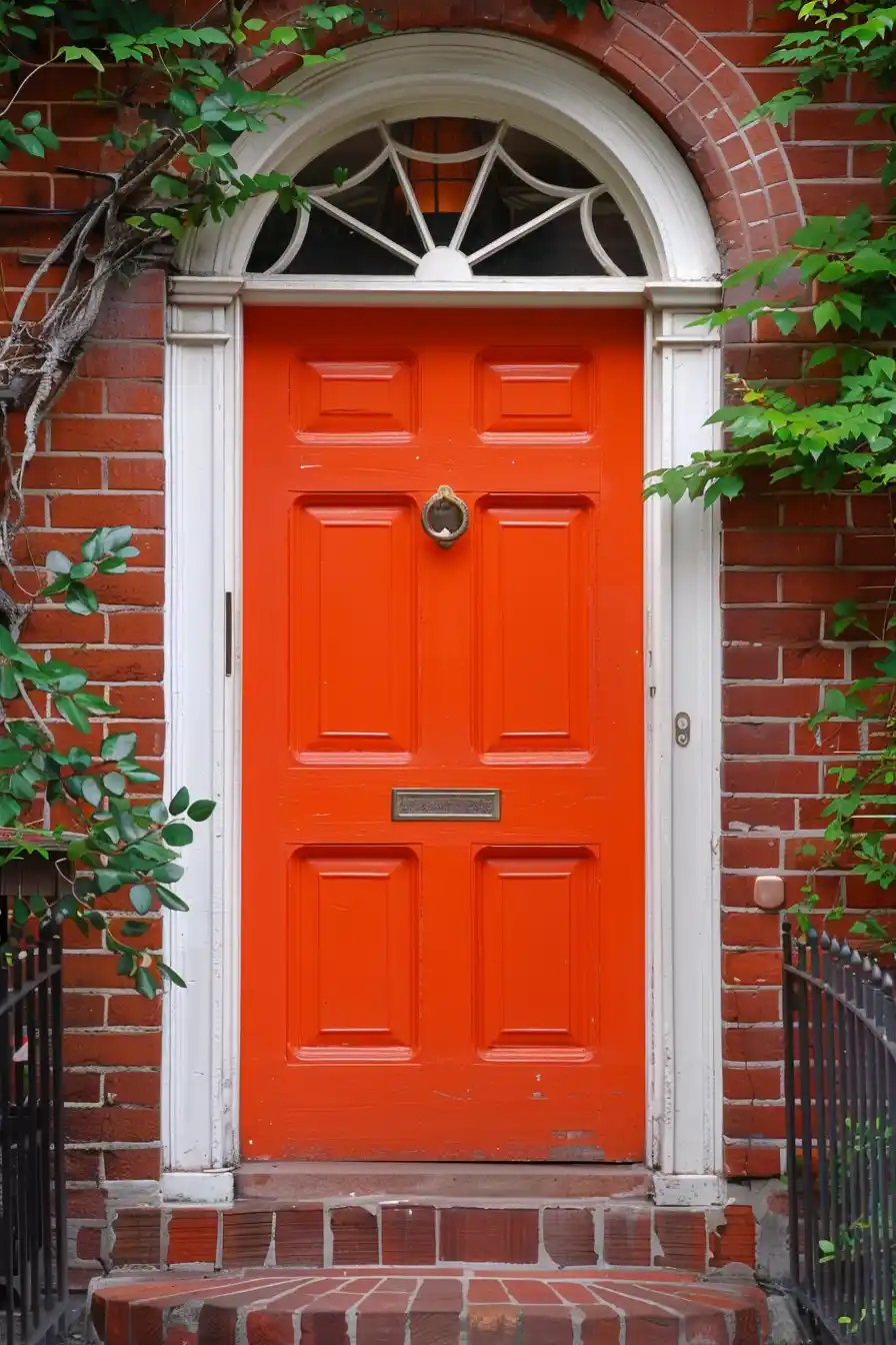 Bright Coral Door Tan Brick House Exterior