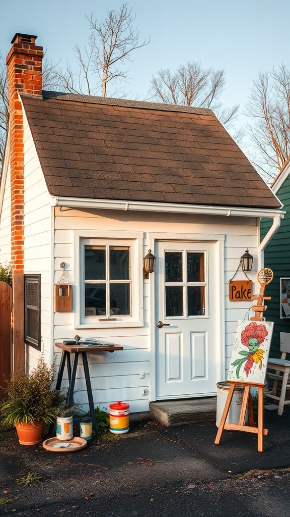 A small white cottage with an artistic vibe, featuring an easel and colorful paint supplies in front.