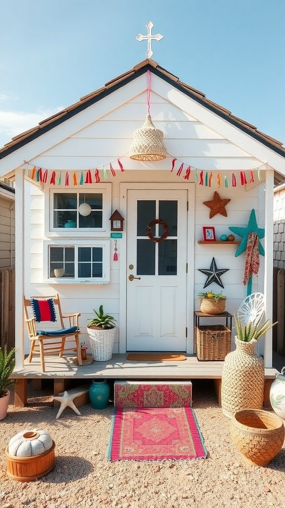 A small white cottage with colorful decorations, a front porch, and beach-themed decor.