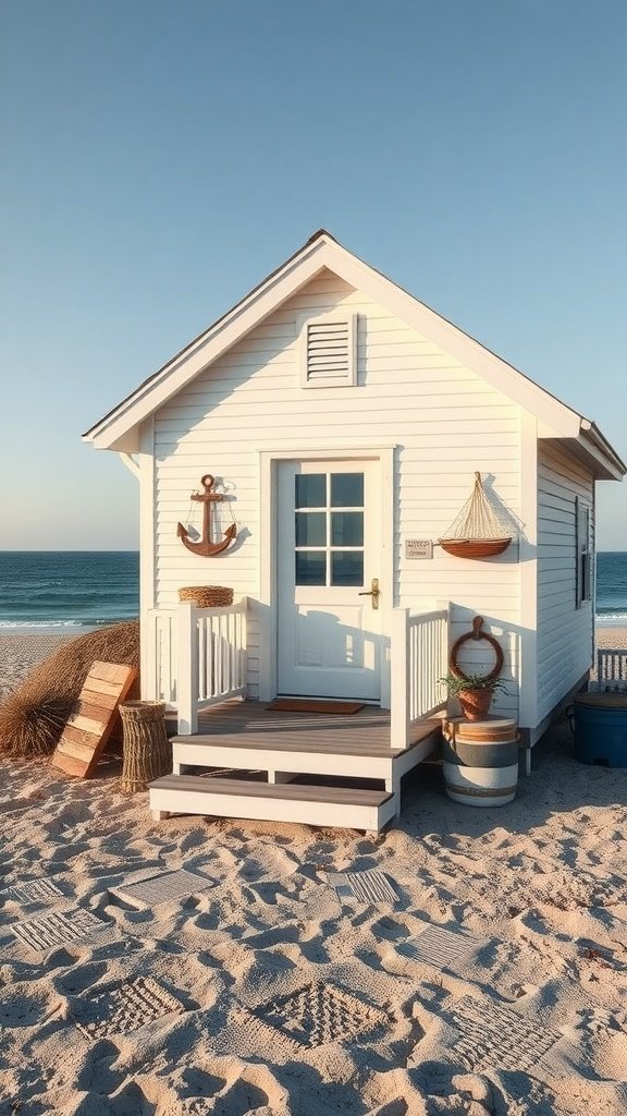 A charming tiny white cottage on a beach, featuring nautical decor and a serene view.