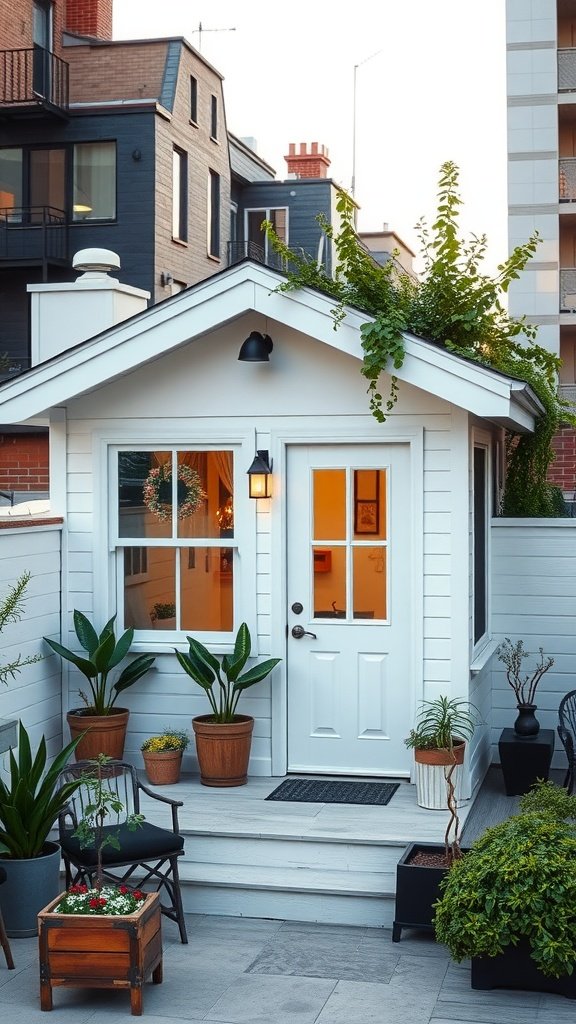 A charming white cottage surrounded by plants and comfortable outdoor seating.