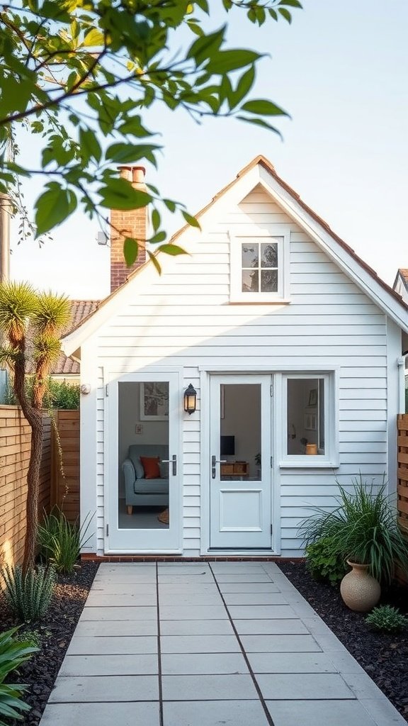 A tiny white cottage with a contemporary glass extension.