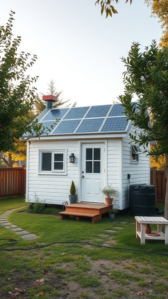 Eco-friendly tiny white cottage with solar panels and green surroundings.