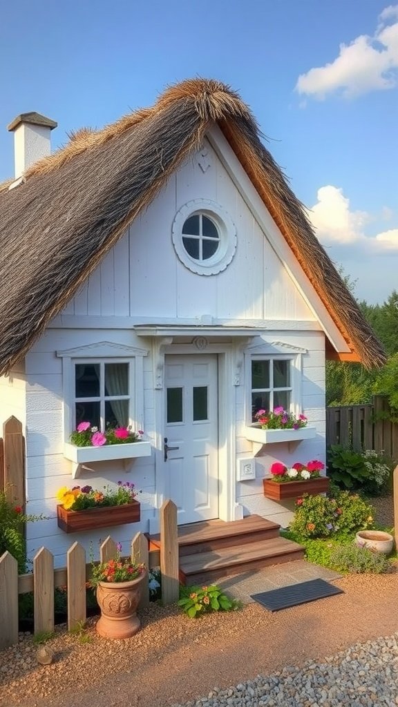 Charming white cottage with a thatched roof and flower boxes
