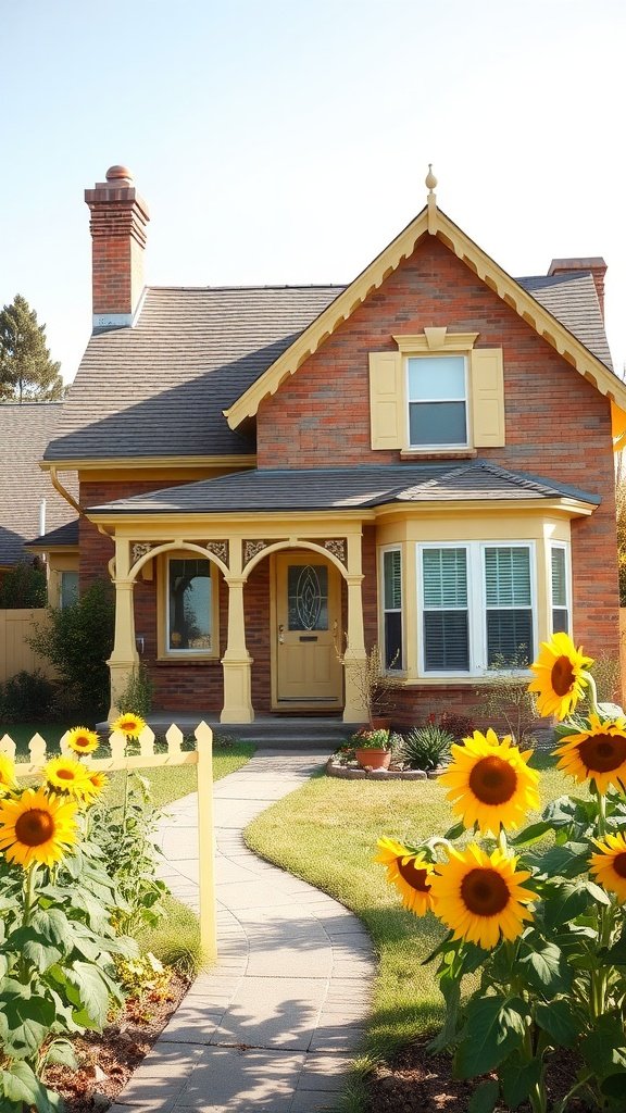 A tan brick house with pale yellow accents and a garden of sunflowers in front.