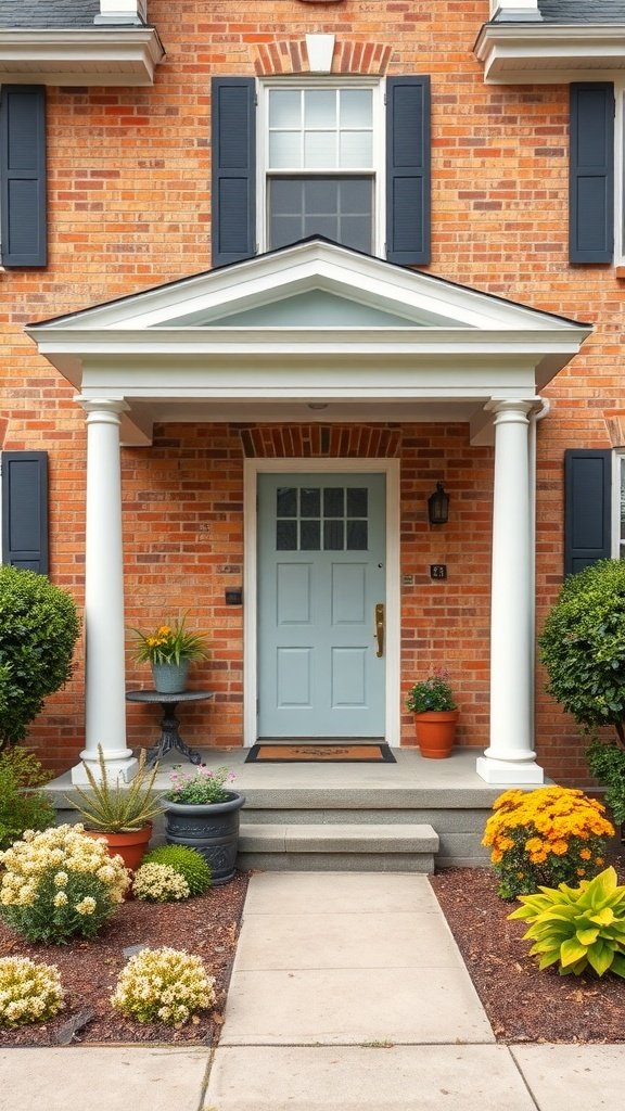 Tan brick house with soft blue siding and white columns, featuring a front porch and colorful flowers.