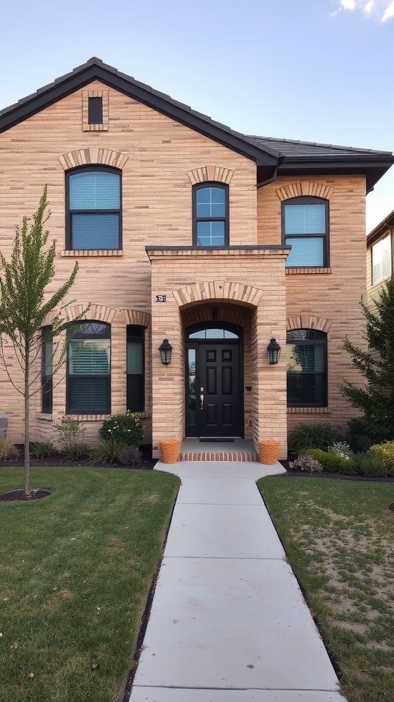 A tan brick house with sandy beige exterior and dark brown trim.