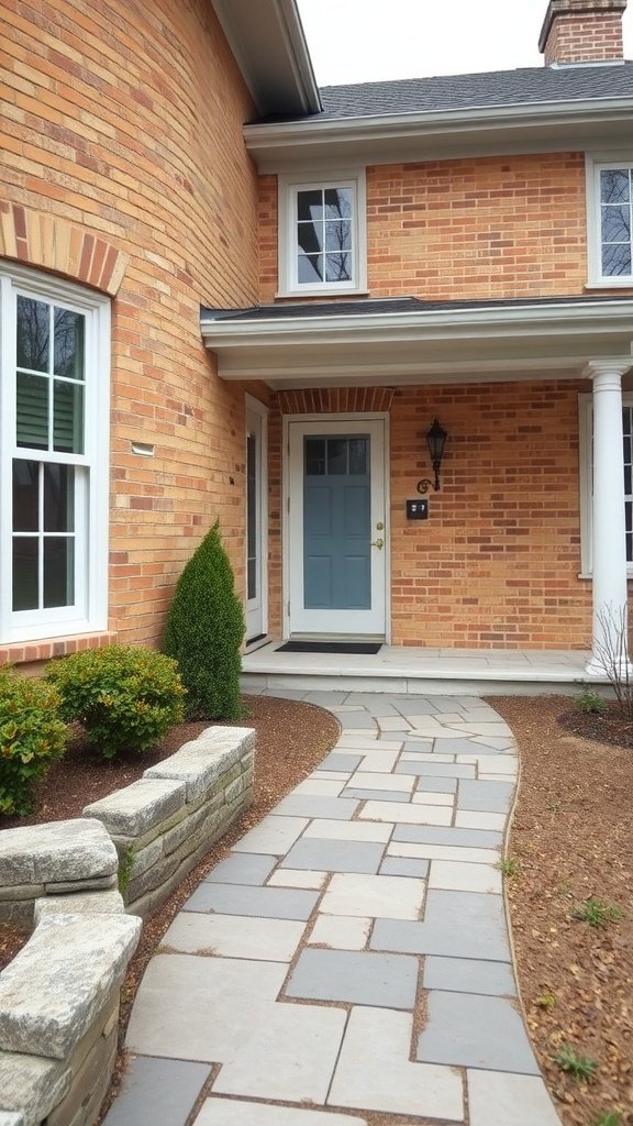 A tan brick house with a slate gray door and white trim.