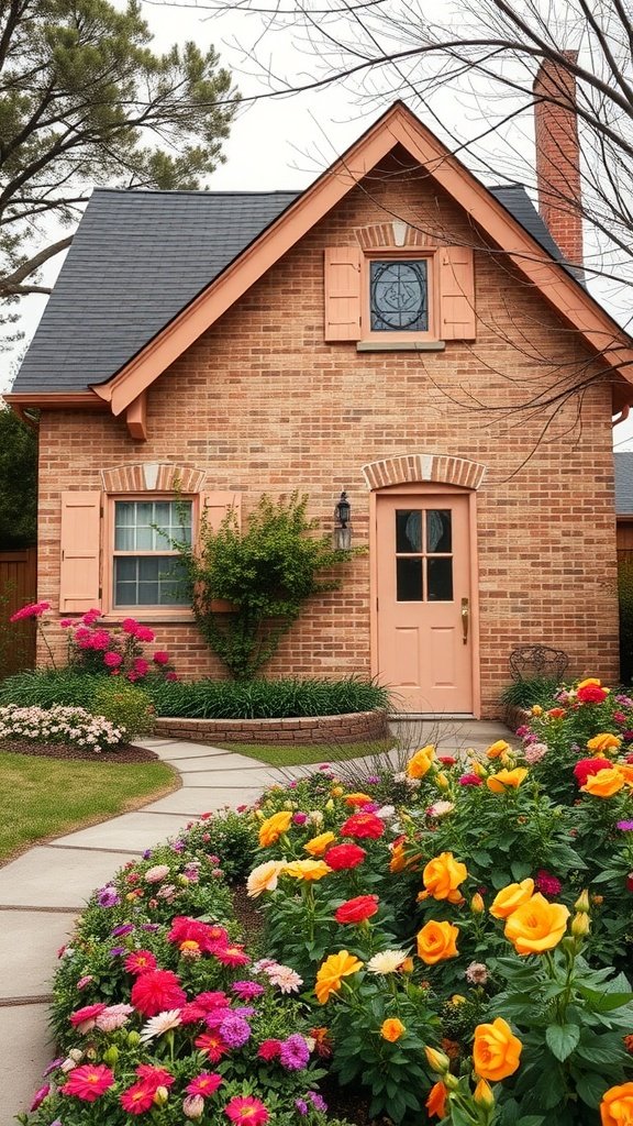 Tan brick house with pastel peach accents and colorful flower garden