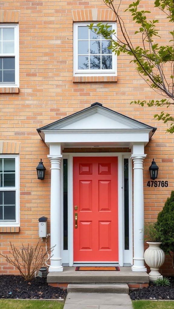 Tan brick house exterior featuring a bright coral door