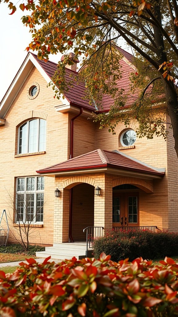 A tan brick house with a rustic red roof, featuring beige details and surrounded by greenery.