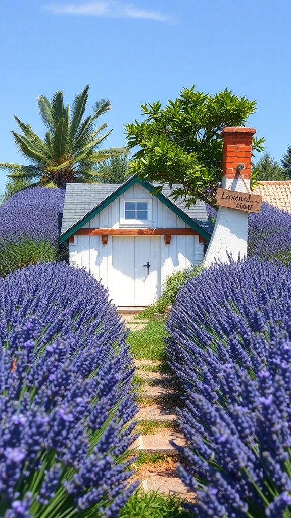 A small white cottage nestled between blooming lavender bushes under a clear blue sky.