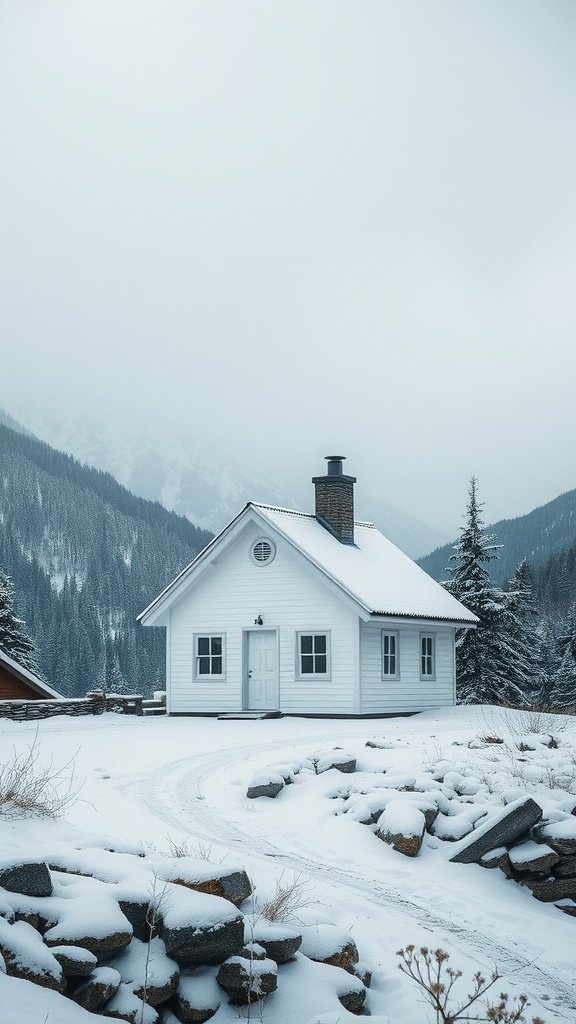A quaint white cottage surrounded by snow-covered mountains and trees.