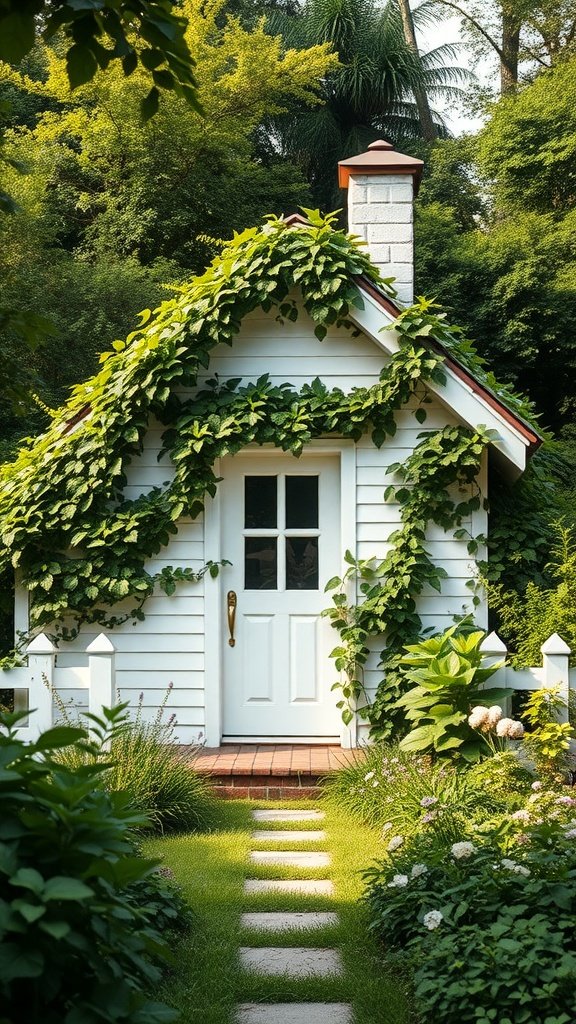 A tiny white cottage with climbing vines, set in a lush garden.