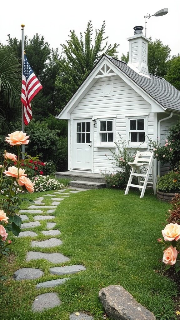 A traditional white cottage with a flag, surrounded by flowers and a stone path.